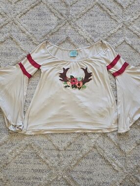 Judith March Womens M Embroidered Floral Antler Blouse Cream Boho Festival Rodeo